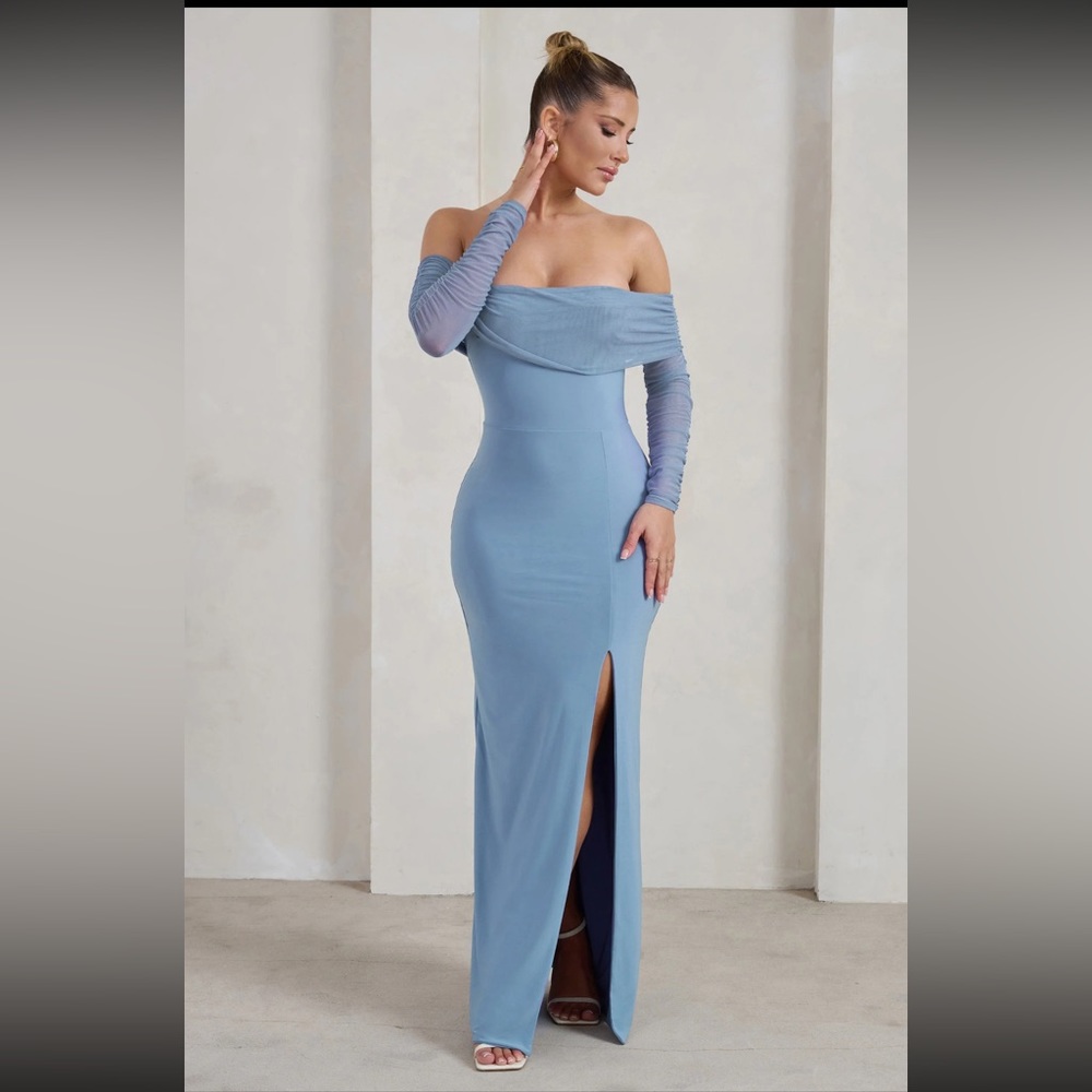 Club L London- On Your Mind - Powder Blue Mesh Long Sleeve Off the Shoulder Maxi